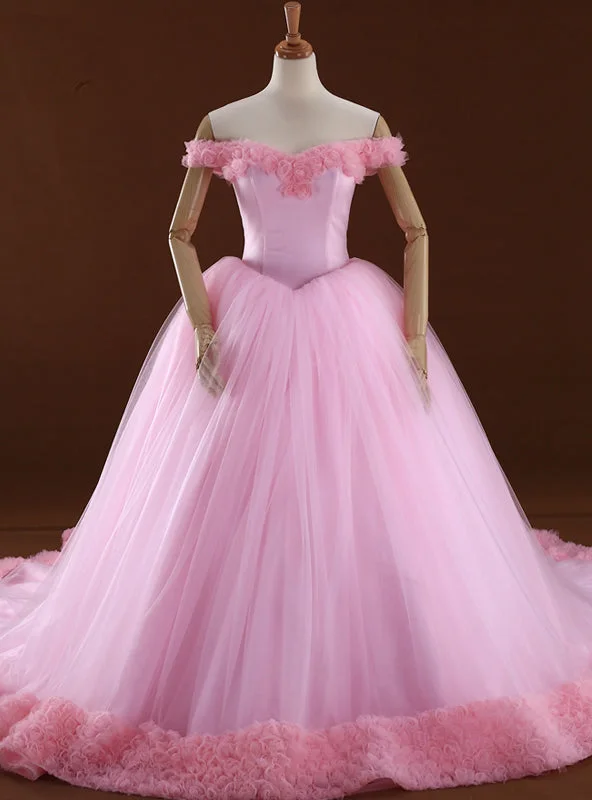 Pink Ball Gown Off The Shoulder Backless Tulle Wedding Dress Ball Gown Wedding