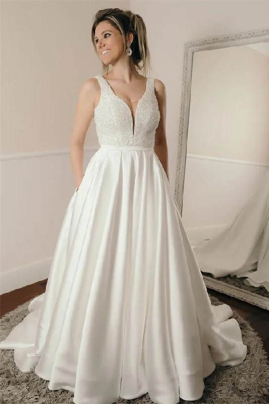 Simple Ivory V-neck Beading A-line Long Satin Wedding Dress With Pockets Floral Lace Wedding