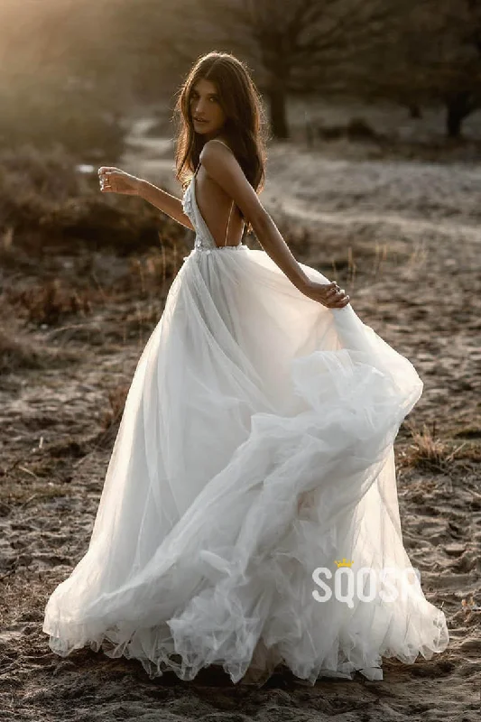 Spaghetti Straps Deep V-necl Appliques A-Line Rustic Wedding Dress QW0887 A-line Bridal Dress