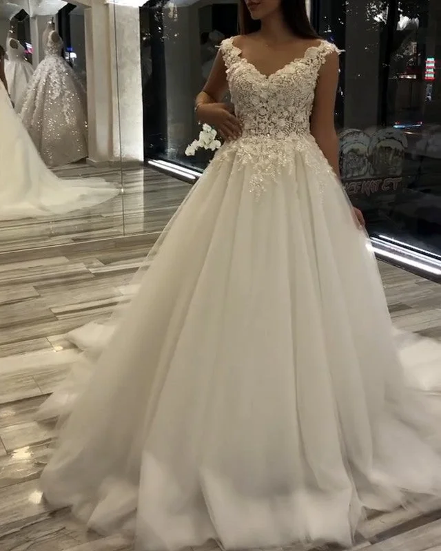 Tulle V Neck Wedding Dresses Lace Embroidery Wedding Dress Long