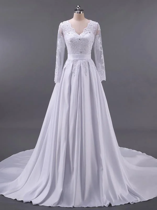 V-Neck Long Sleeve Lace Appliques A-Line Wedding Dresses Off-shoulder Bridal Gown