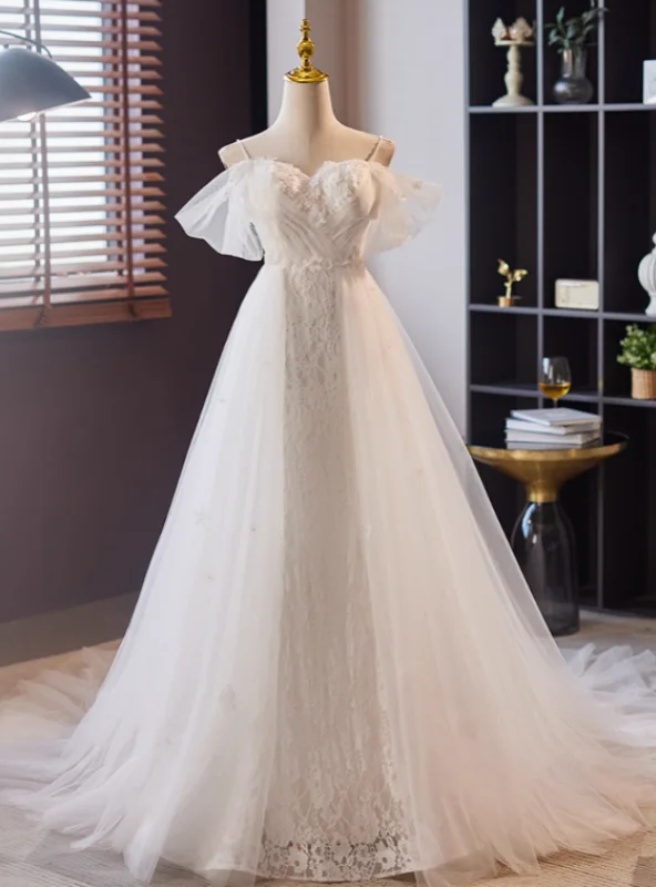 White Lace Tulle Pleats Flower Wedding Dress Chic Bridal Gown