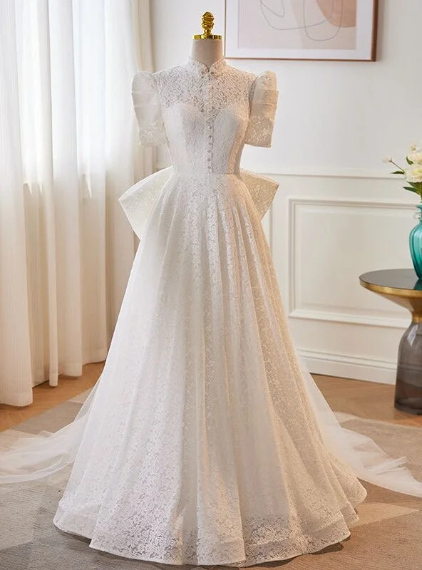 White Lace Tulle Short Sleeve Wedding Dress Classic Bridal Dress