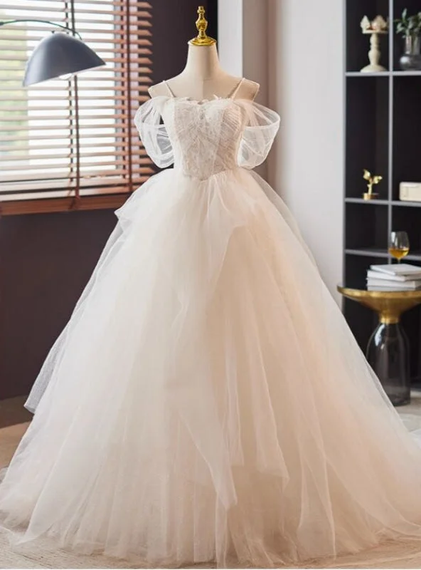 White Lace Tulle Spaghetti Straps Wedding Dress Ruffled Wedding Dress