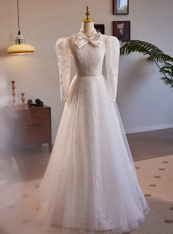 White Long Sleeve Lace High Neck Wedding Dress Mermaid Style Gown