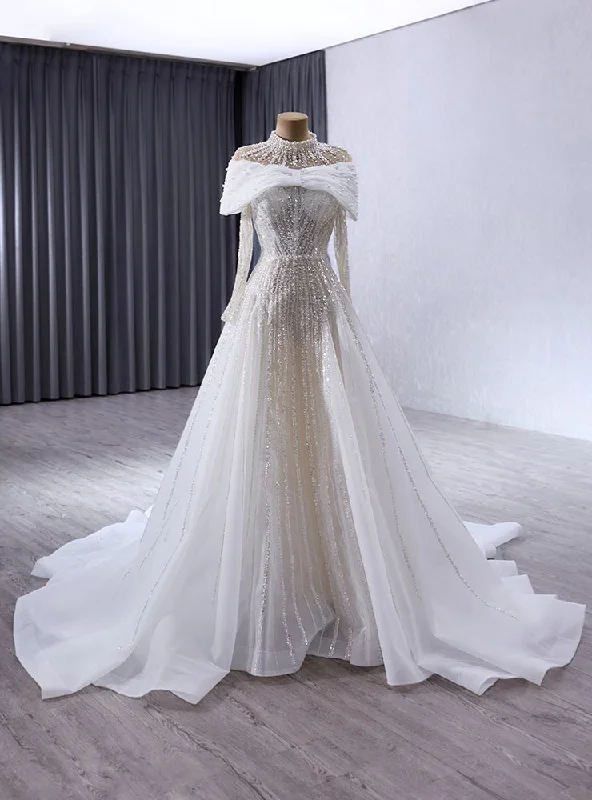 White Tulle Sequins Long Sleeve Wedding Dress With Detachable Neck Vintage Wedding Gown