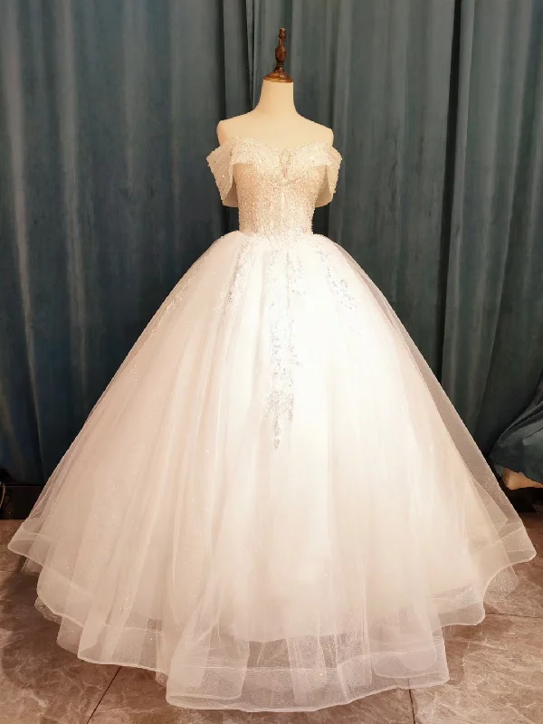 White Tulle Sequins Off the Shoulder Pearls Floor Length Wedding Dress Formal Wedding Dress