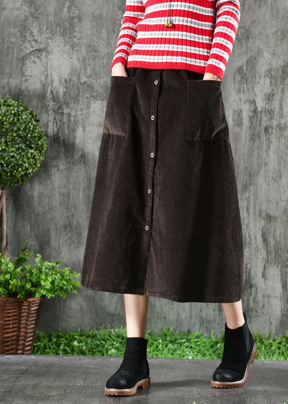 Dark Brown Corduroy Skirts Elastic Waist Button Solid Winter Casual chic unclassified skirts