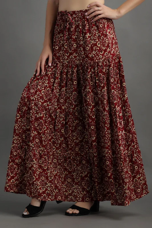 Dark Red Floral Printed Skirt Slit unclassified skirts