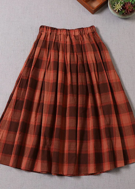 Fine Chocolate Plaid wrinkled Pockets Cotton Skirt Spring Beaded unclassified skirts