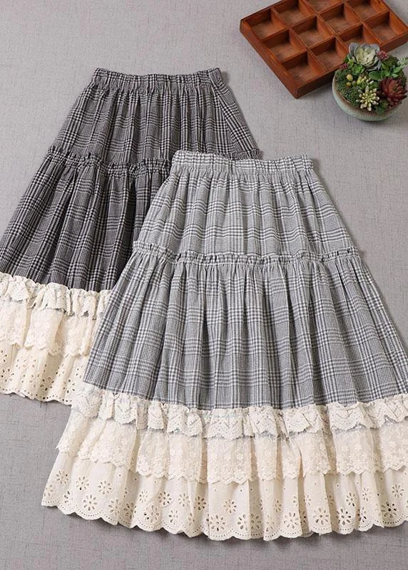 Fine Light Gray Plaid Patchwork Wrinkled Lace Fall Skirts Festival unclassified skirts