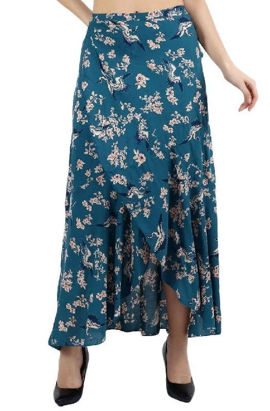 Teal Blue Floral Printed Wrap Around Skirt Short unclassified skirts