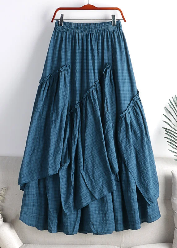 Vintage Light Blue Asymmetrical Plaid Patchwork A Line Skirt Spring Cotton unclassified skirts