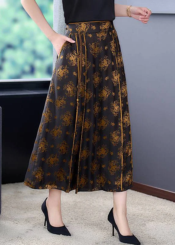 Vintage Print High Waist Tie Waist Pockets Silk A Line Skirt Fall Gothic unclassified skirts