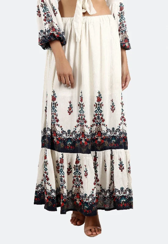 White Floral Border Printed Skirt Summer unclassified skirts