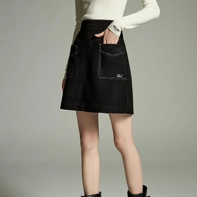 Winter Knee-Length A-Line Skirt with Embroidery & Pockets Y2K unclassified skirts