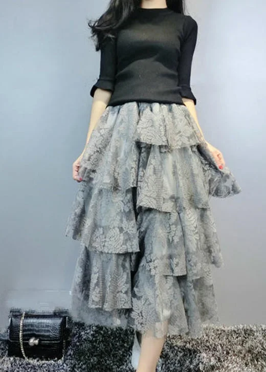 Women Grey Asymmetrical fashion Lace Skirt Spring Striped unclassified skirts