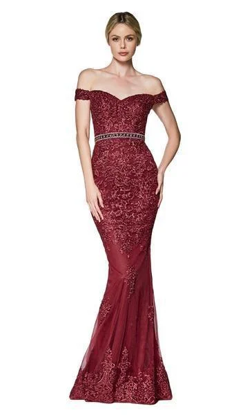 Cinderella Divine - Off Shoulder Beaded Lace Appliqued Gown AM122 - 1 pc Silver In Size 4 and 1 Pc Burgundy in Size 4 Available Best party dresses for date night