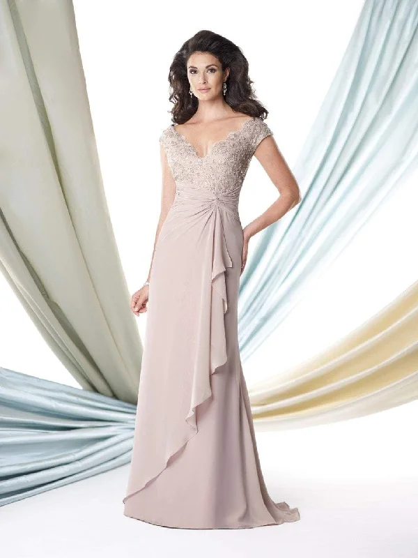 Mon Cheri 114917 Lace Cap Sleeve Ruched Empire Gown Discounted party dresses