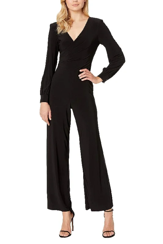 Adrianna Papell V-Neck Ruched Long Sleeve Zipper Back Solid Jersey Jumpsuit Best maxi dresses for petites