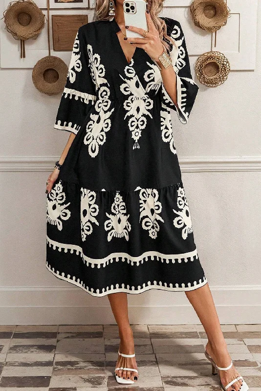 Black Western Geometric Print 3/4 Sleeve Loose Midi Dress Graduation midi dresses