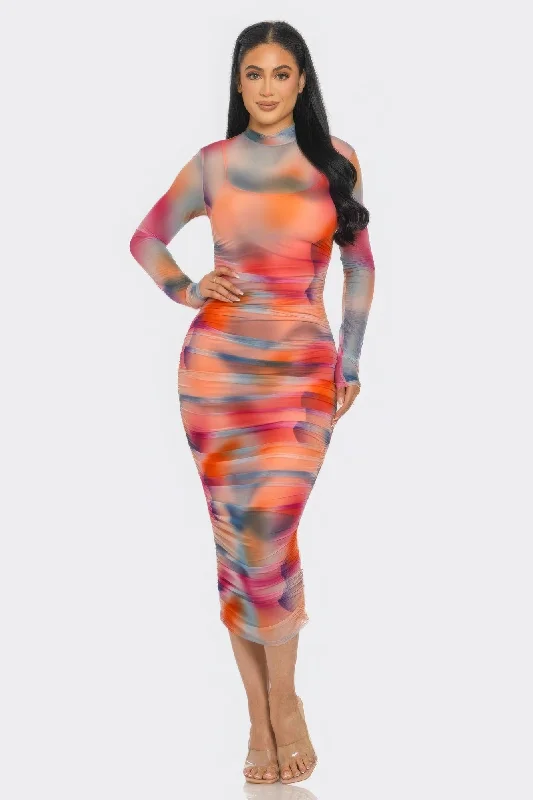 Summer Heat Print Mesh Ruched Midi Dress Birthday midi dresses