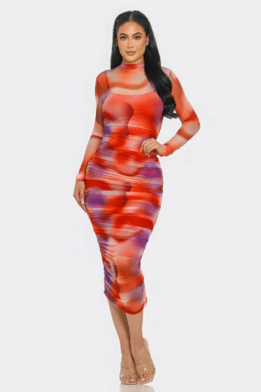 Summer Heat Print Mesh Ruched Midi Dress Fall midi dresses