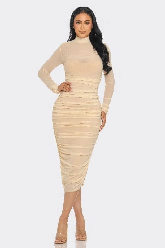 Solid Mesh Ruched Midi Dress Summer party midi dresses