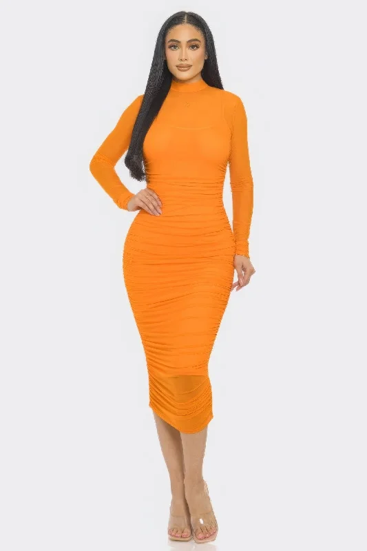 Solid Mesh Ruched Midi Dress Halter midi dresses