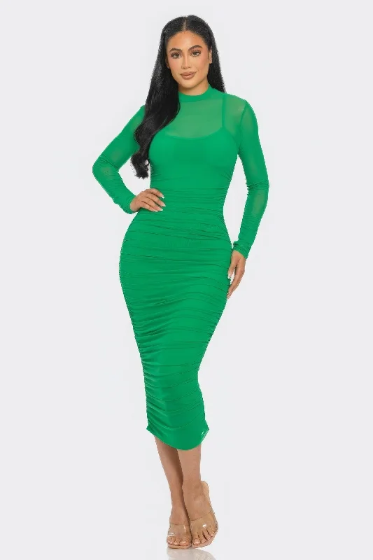 Solid Mesh Ruched Midi Dress Corset midi dresses