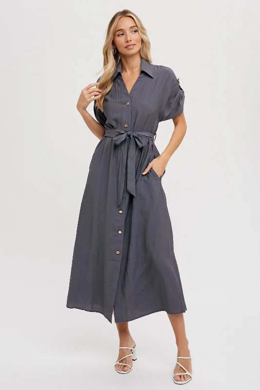 Charcoal Button Front Belted Short Sleeve Midi Dress Glamorous midi dresses