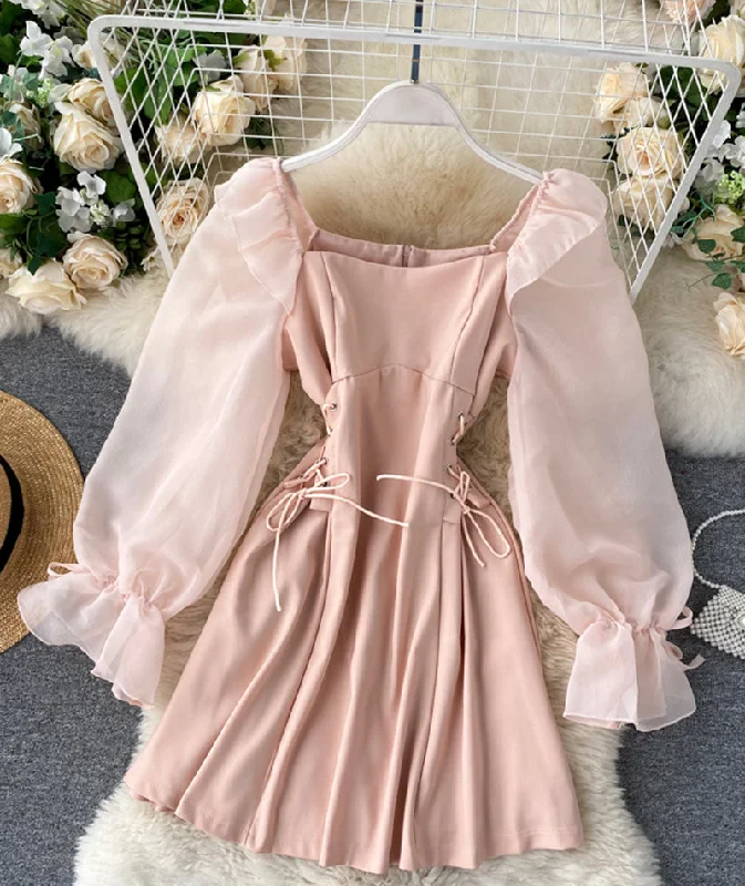 Cute A line short dress long sleeve waist dress  1034 Beach maxi dresses