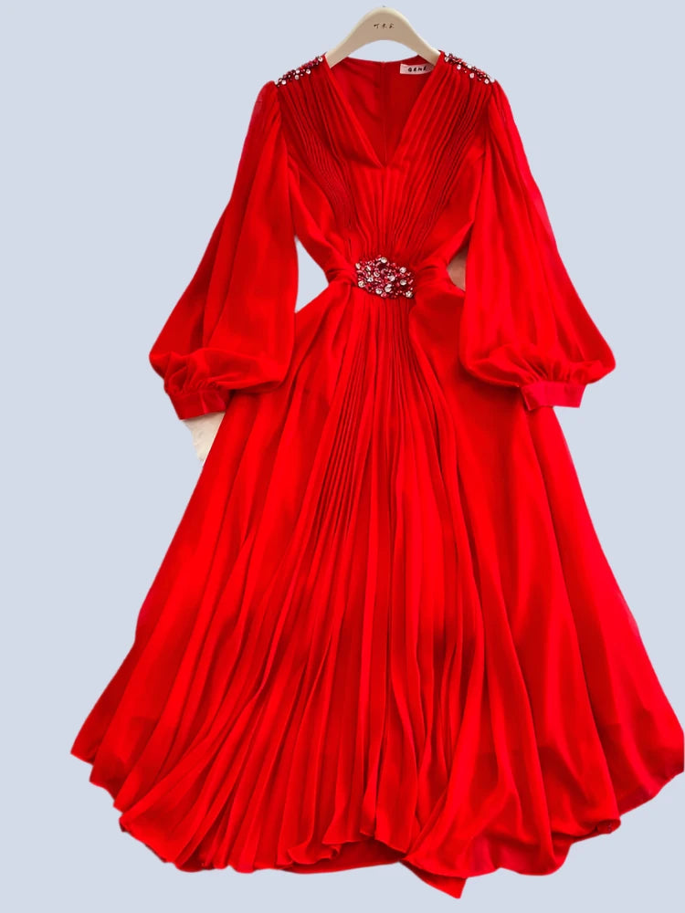 Women Diamonds Draped Chiffon Pleated Long Dress  Elegant Puff Sleeve Dress Fashion Nova maxi dresses