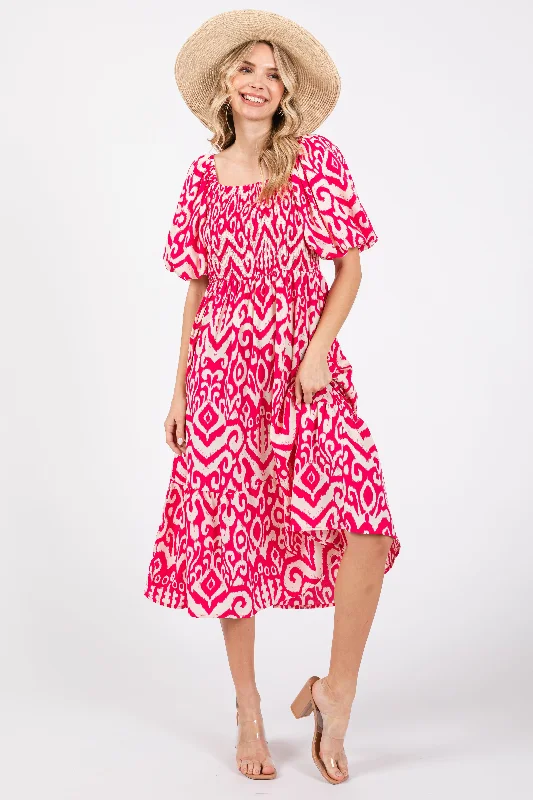 Fuchsia Square Neck Smocked Ruffle Midi Dress Beach midi dresses