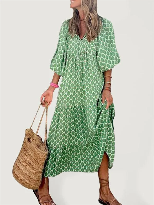 Geometric Puff-Sleeve Maxi Dress Lace maxi dresses