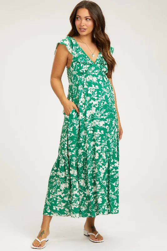 Green Floral Ruffle Maternity Midi Dress Edgy midi dresses