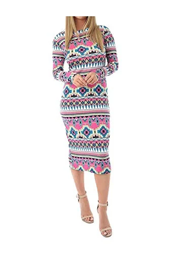 Ladies Womens Long Sleeve Stretch Jersey Bodycon Printed MIDI Dress Plus Size Boho midi dresses