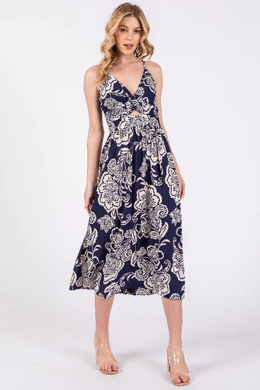 Navy Floral Front Twist Midi Dress Shein midi dresses