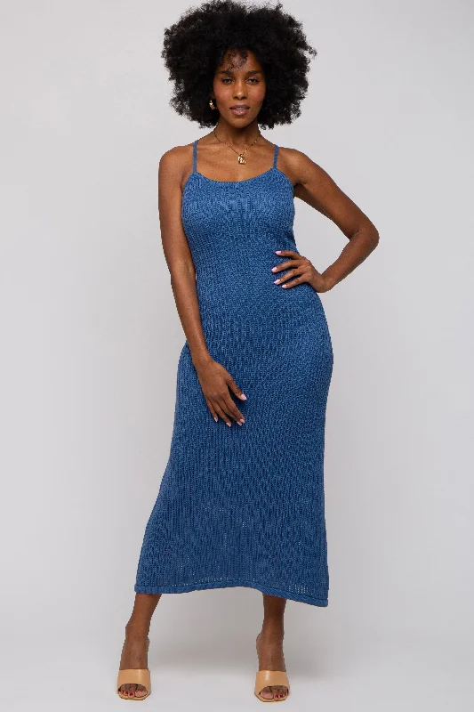 Navy Open Knit Crochet Midi Dress Expensive midi dresses