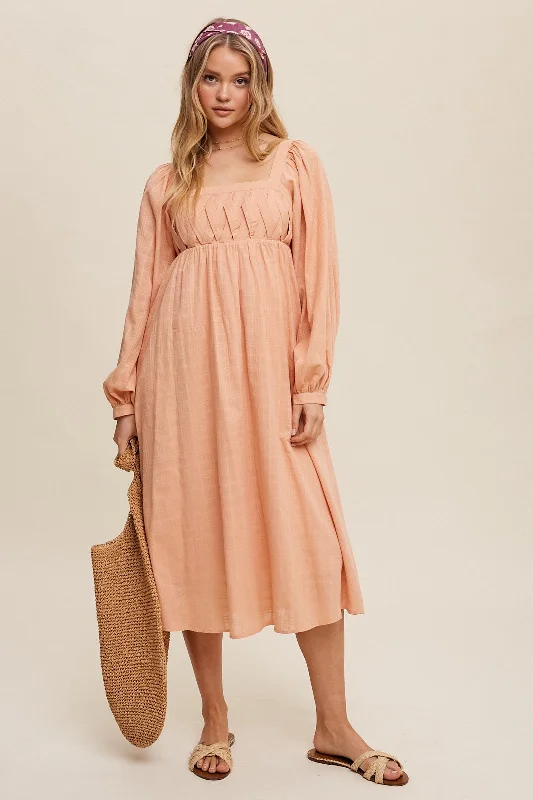 Peach Criss Cross Front Square Neck Long Sleeve Midi Dress Y2K midi dresses