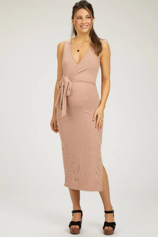 Peach Rib Knit Side Tie Maternity Midi Dress Cheap midi dresses