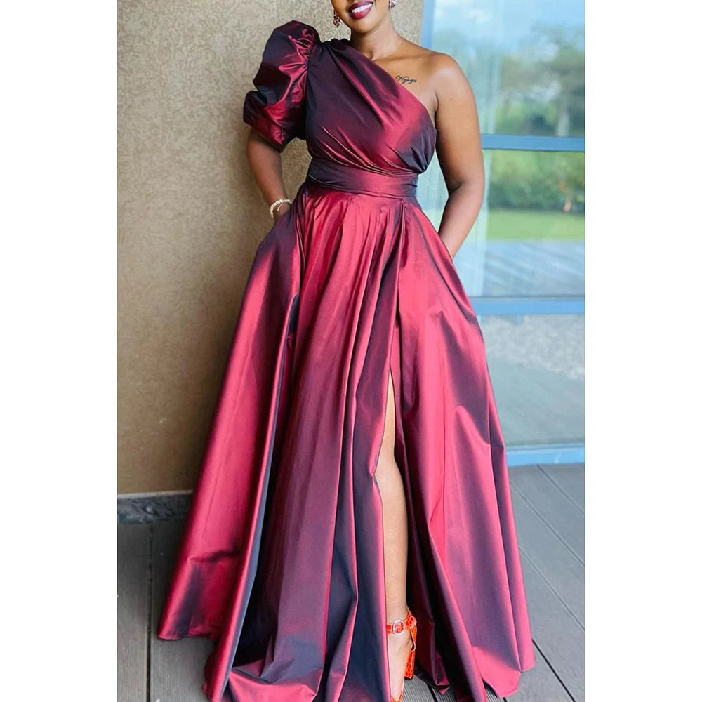 Plus Size Red Formal One Shoulder Split Ruffle Maxi Dresses Wrap maxi dresses