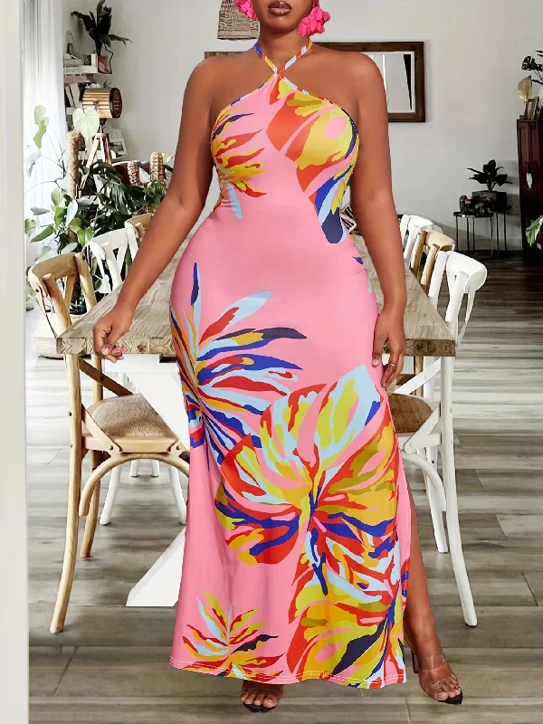 Plus Size Tropical Print Halter Neck Vacation Style Backless Split Side Bodycon Maxi Dress Flowy maxi dresses