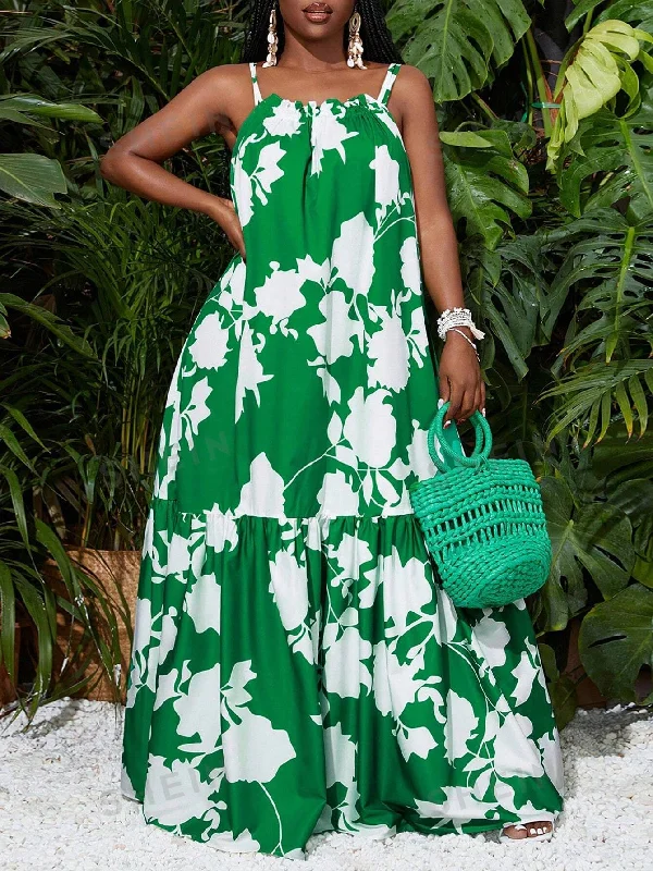 Women Thin Suspender A-Hem Maxi Green Plant All-Over Printed  Dress Summer party maxi dresses