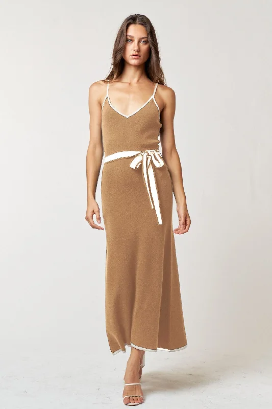 Taupe Contrast Piping Midi Dress Red carpet midi dresses