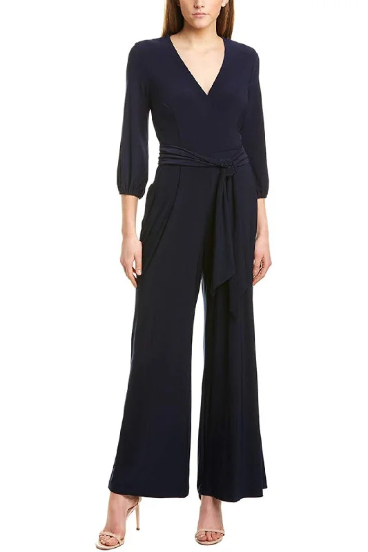 Taylor V-Neck Long Sleeve Tie Side Pockets Zipper Back Jersey Jumpsuit Luxury maxi dresses