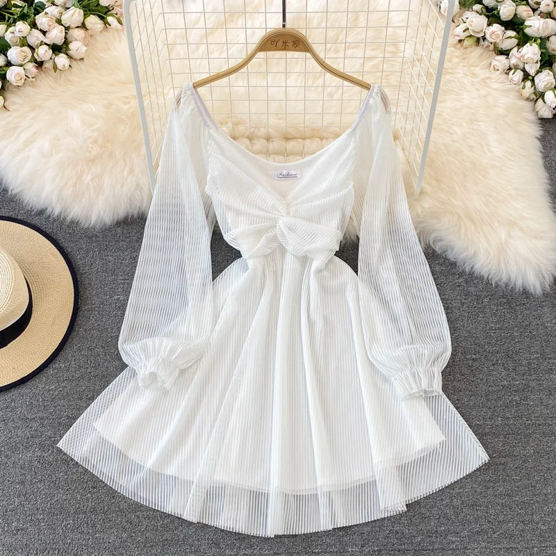 White V Neck Short Dress A Line Long Sleeve Dress  10819 Y2K maxi dresses