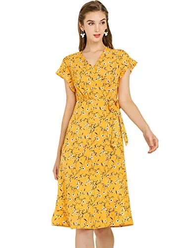 Women's Boho Flutter Sleeve V Neck Belted A-Line Wrap Midi Floral Dress Office midi dresses