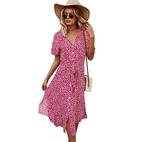 Womens Casual Floral Dress Button Down V Neck Tie Waist Midi Dress Summer Short Sleeve Bohemia Lightweight A Line Beach Sundress Urban Outfitters midi dresses