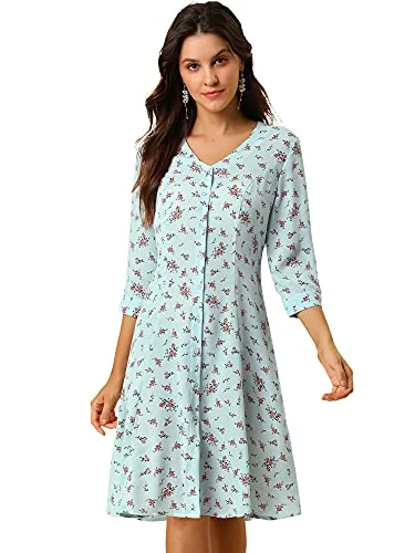 Women's Floral Vintage V Neck 3/4 Sleeves Flare Button Front Midi Dress Holiday midi dresses